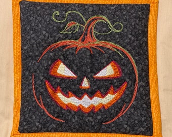 Halloween Potholder: Embroidered Jack-o-Lantern, Heat Resistant Kitchen Decor