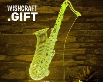 Personalisierte Saxophon-LED-Lampe: Musiker-Geschenk mit Holzsockel