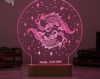 Lampada LED con segno zodiacale Pesci: regalo astrologico con base in legno