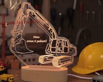 Excavator LED Lamp, Wooden Base, Man Cave Decor