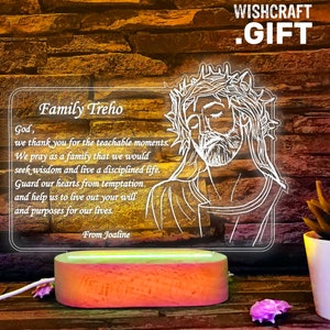 Jesus Christ LED Lamp: Christian Prayer Light, Wooden Base