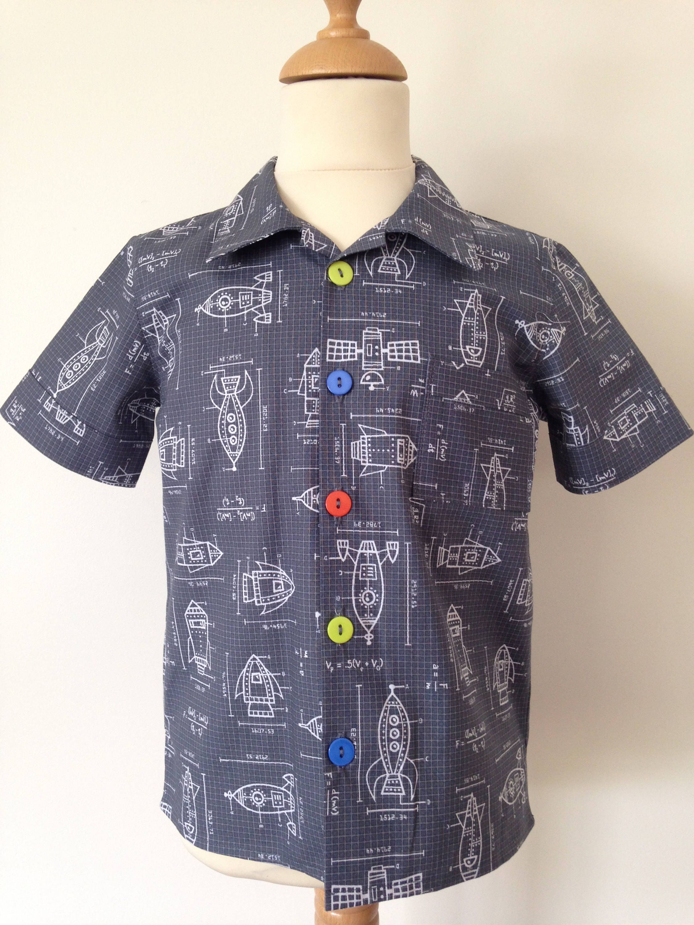 Boys Short Sleeve Shirt, Toddler Shirt, 100% Cotton, Rocket Print, Spaceship Print