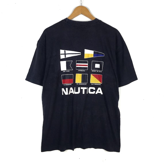 Rare Vintage 90s NAUTICA Big Logo Flag T Shirt/ Blue/ Xlarge