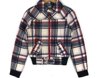 Rare!! HILFIGER DENIM by Tommy Hilfiger Plaid Tartan Ladies Jacket/ Small/ Red gray white/ avs457 sq