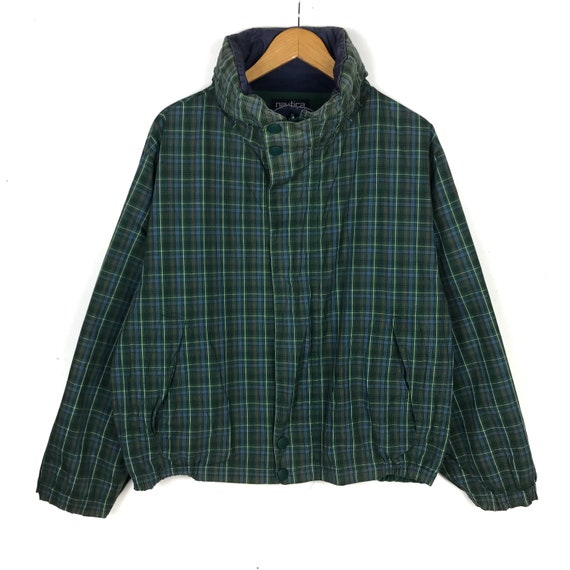 vintage plaid jacket windbreaker hoodie blue green 1990s