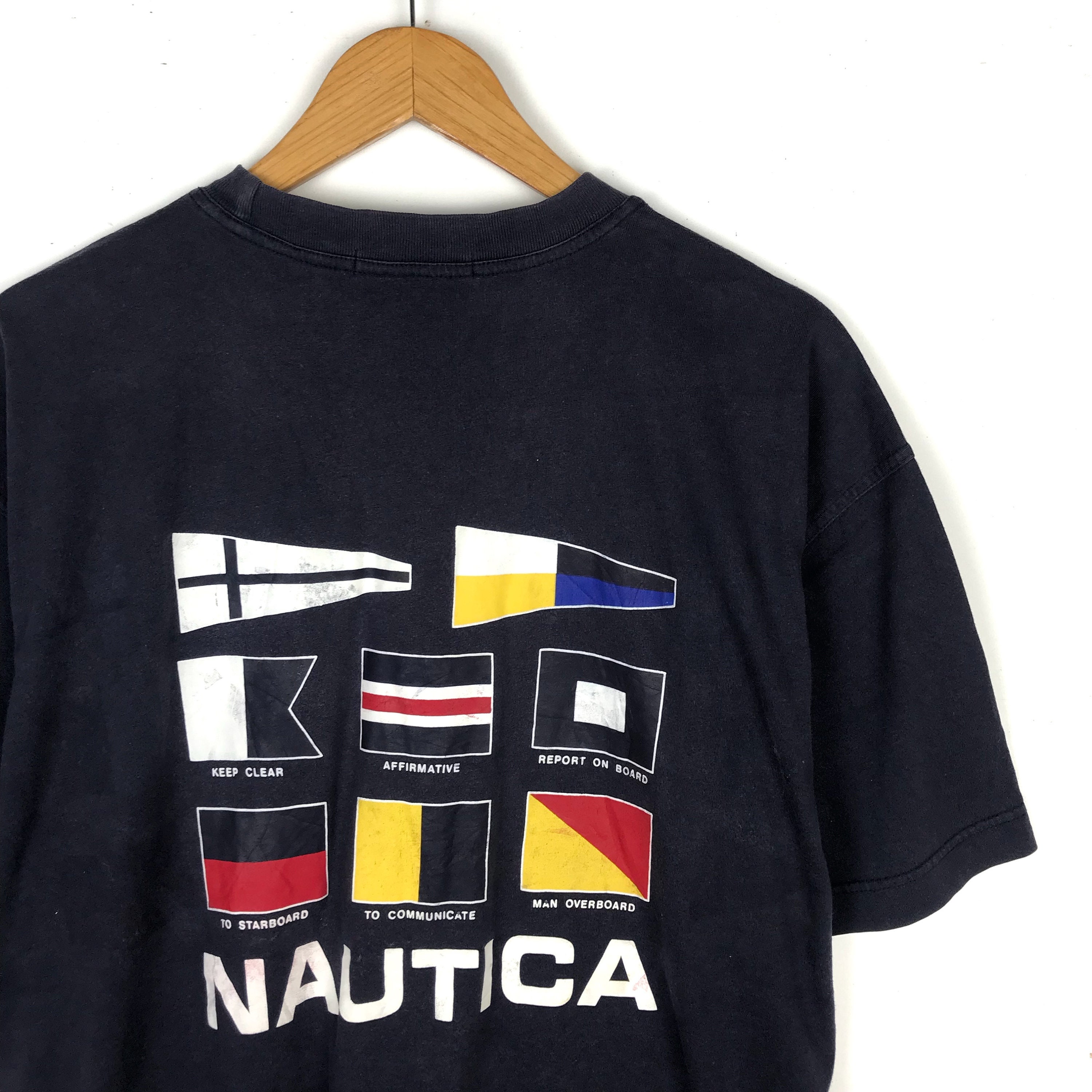 VINTAGE Nautica Shirt Adult Large White Spell Out Sailing Logo Mens 90s  A52*