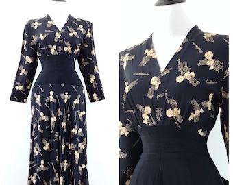 Vintage 1940s Beethoven Print Dress | 40s Novelty Print Dress | 40s Beethoven Dress |