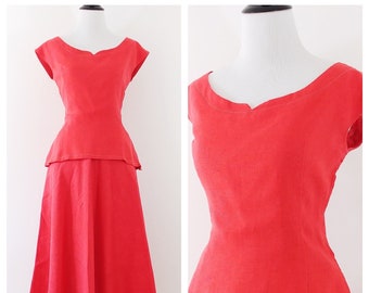 Vintage 1950s Red Linen Set | 50s Blouse and Skirt | 50's Linen Dress |