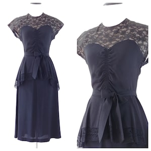 Vintage 1940&#39;s Black Peplum Dress | 40s Sweetheart Neckline Dress | 40s Dress |