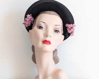 Vintage 1950s Floral Bonnet | 50s Hat | 1940s Bonnet Hat |