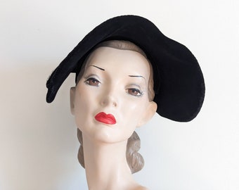 Vintage 1940s New Look Hat | 1950s New Look Hat | 50s Black Velvet Hat |