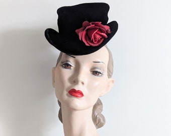 Vintage 1940s Ladies Top Hat | 40s Black Velvet Hat | 40s Rose Hat |