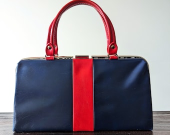 Vintage 1950s Leather Purse | 50s Two Tone Handbag | 1960s Red Blue Purse |