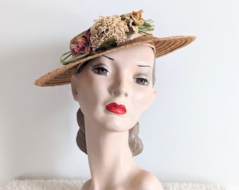 Vintage 1930s Hat | 40s Straw Hat | 1940s Boater Hat |