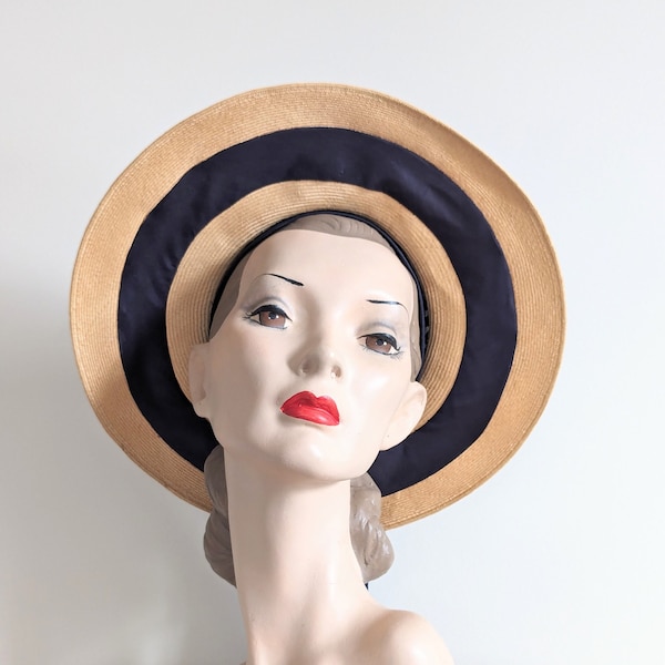 Vintage 1940s Cartwheel Hat | 40s Bullseye Hat | 40s Sun Hat |