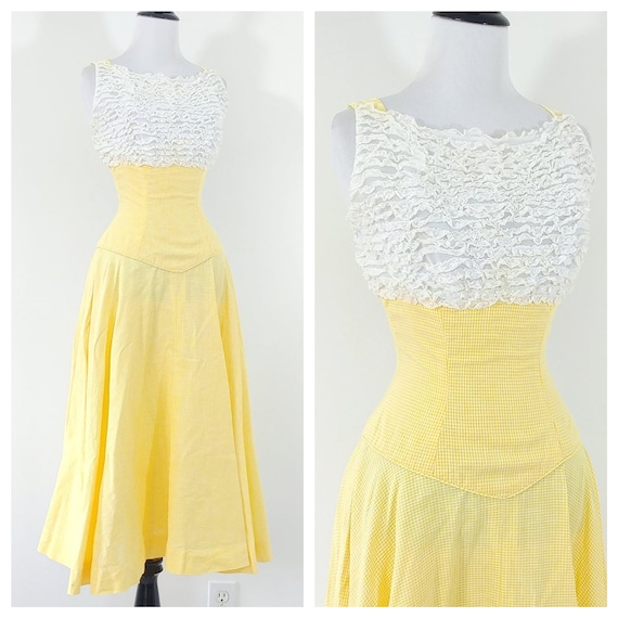 Vintage 1950s Yellow Gingham Dress | 50s Sundress