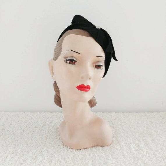 Vintage 1930s Black Hat | 30s Half Hat | 1930s Scu