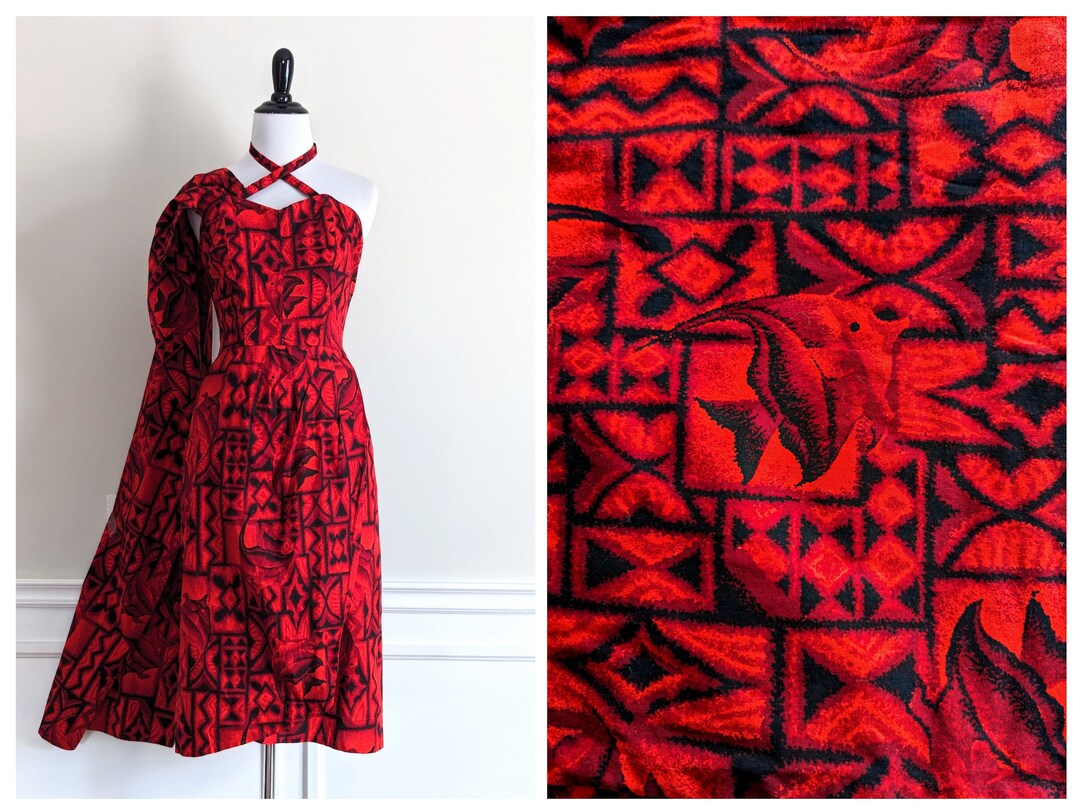 Vintage 1950s Sarong | 50s Red Hawaiian Dress | 1950's Fish Print Dress ...