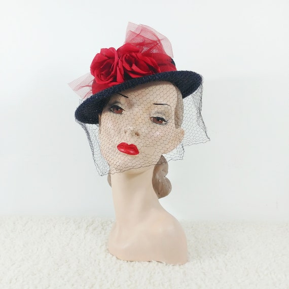 Vintage 1940s Tilt Hat | 40s Navy Hat | 40s Floral