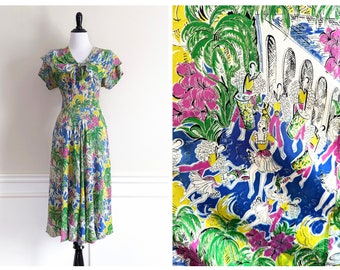 Vintage 1940s Novelty Print Dress | 40s Rayon Dress | 40s Tropical Dress |