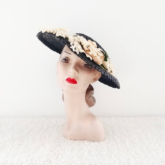 Vintage 1940s Wide Brimmed Hat | 40s Tilt Hat | 40