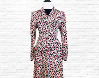 Completo abito vintage anni '40 / Completo abito e giacca anni '40 / Abito con stampa floreale anni '40 /