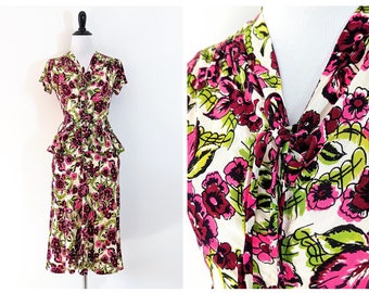 Vintage 1940s Rayon Jersey Dress | 40s Jersey Dress | 40's Floral Dress |