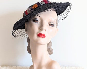 Vintage 1940s Tilt Hat | 40s Saucer Hat | 1940's Multi-Coloured Hat |