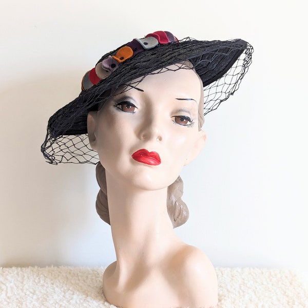 Vintage 1940s Tilt Hat | 40s Saucer Hat | 1940's Multi-Coloured Hat |