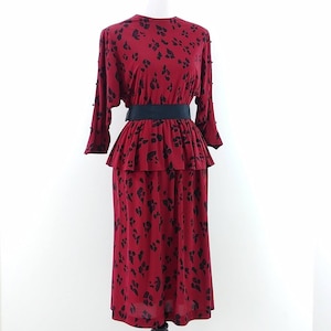 Vintage 1980s Paw Print Dress 80s Red Black Dress 1980s Peplum Dress image 7