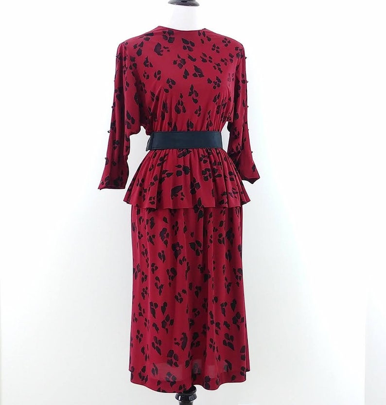 Vintage 1980s Paw Print Dress 80s Red Black Dress 1980s Peplum Dress image 7