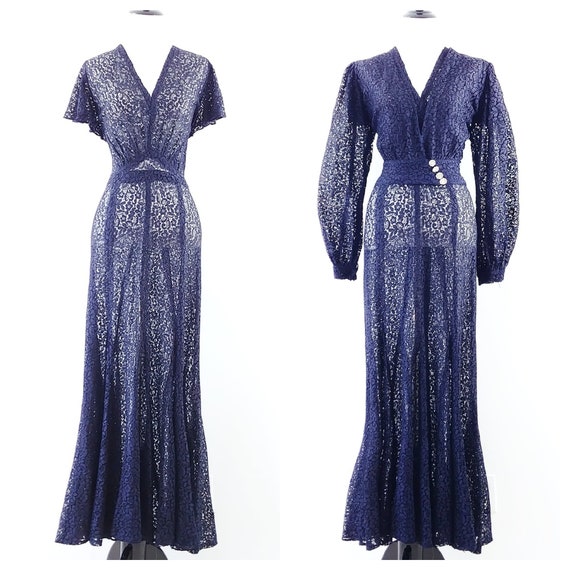 Vintage 1930s Navy Blue Lace Gown | 30s Dress Set