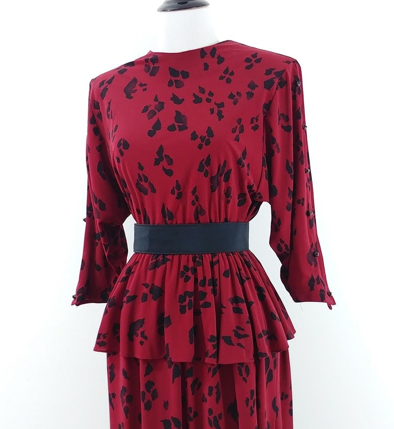 Vintage 1980s Paw Print Dress 80s Red Black Dress 1980s Peplum Dress image 4