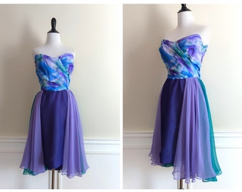 Vintage 1980s Prom Dress | 80s Mermaid Dress | 80s Chiffon Strapless Mini Dress |