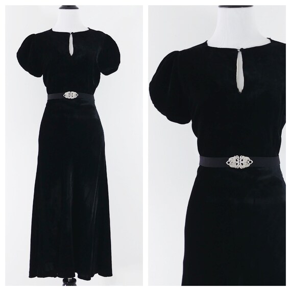 Vintage 1930's Black Velvet Dress | 1930's Puff Sl