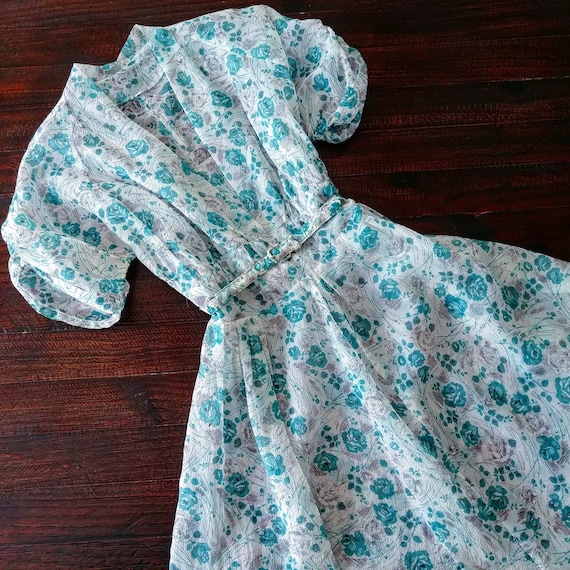 Vintage 1950s Turquoise Rose Print Dress | 50s Ros