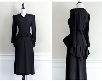 Vintage 1940s Buttonback Dress | 40s Peplum Dress | 1940's Film Noir Dress |