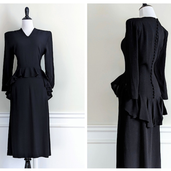 Vintage 1940s Buttonback Dress | 40s Peplum Dress | 1940's Film Noir Dress |