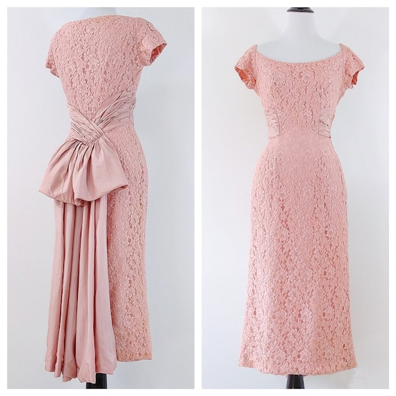 Vintage 1950s Lace Wiggle Dress | 50s Sash Dress |