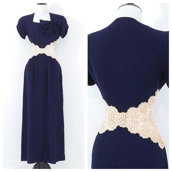 Vintage 1940s Lace Midriff Gown | 40s Navy Blue Dr