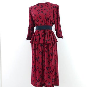 Vintage 1980s Paw Print Dress 80s Red Black Dress 1980s Peplum Dress image 5