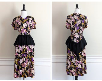 Vintage 1940s Rayon Jersey Dress | 40's Vibrant Floral Dress | 40s Peplum Dress |