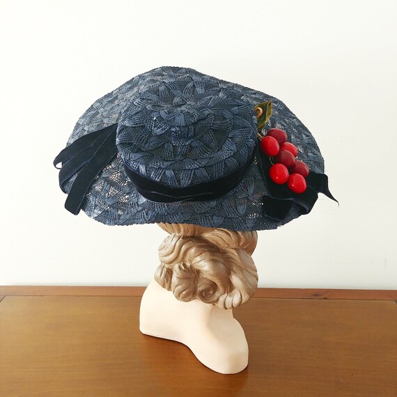 Vintage 1950s Navy Straw Hat | 50s Sun Hat | 1950s