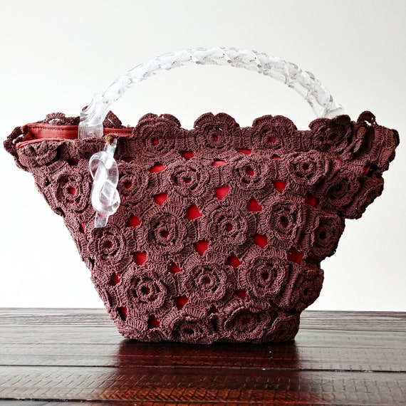 Vintage 1940s Brown Crochet Cord Handbag | 40s Han