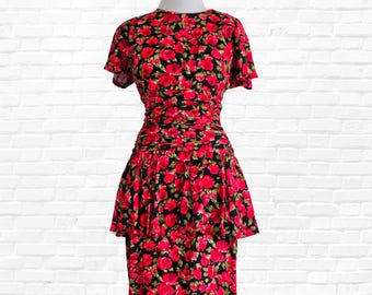 Abito vintage anni '80 con stampa di rose rosse