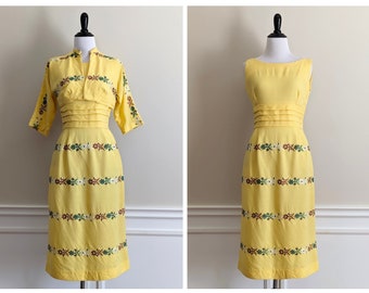 Vintage 1950s Embroidered Dress | 50s Dress Set | Early 60s Linen Set |