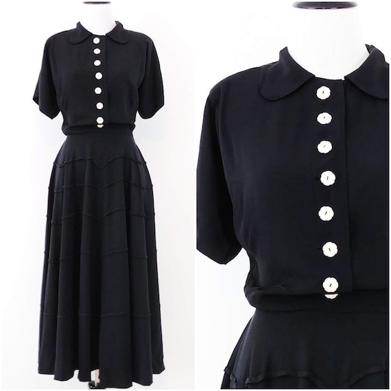 Vintage 1940's Black Dress | 1940's Shirtwaist Dre