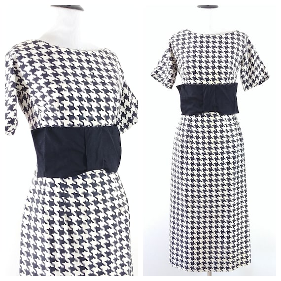 Vintage 1950's Houndstooth Bow Waist Wiggle Dress