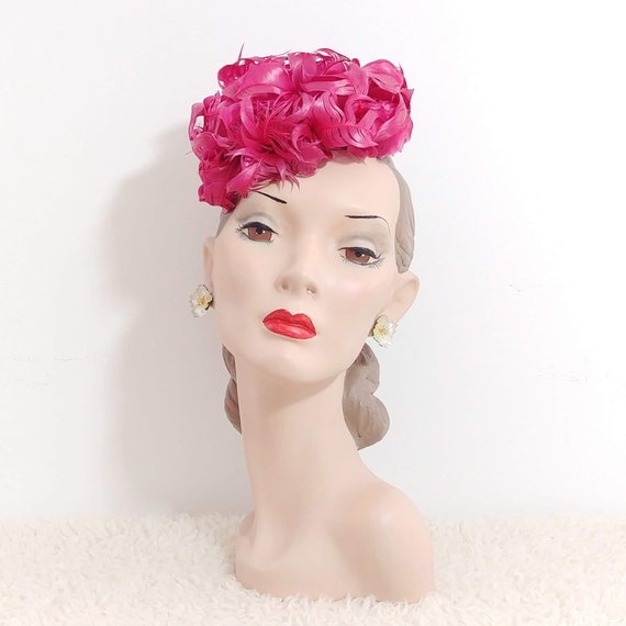 Vintage 1940s Pink Feather Hat | 40s Tilt Hat | 40