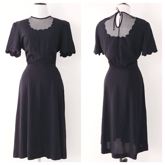 Vintage 1940's Black Dress | 40s Scalloped Details